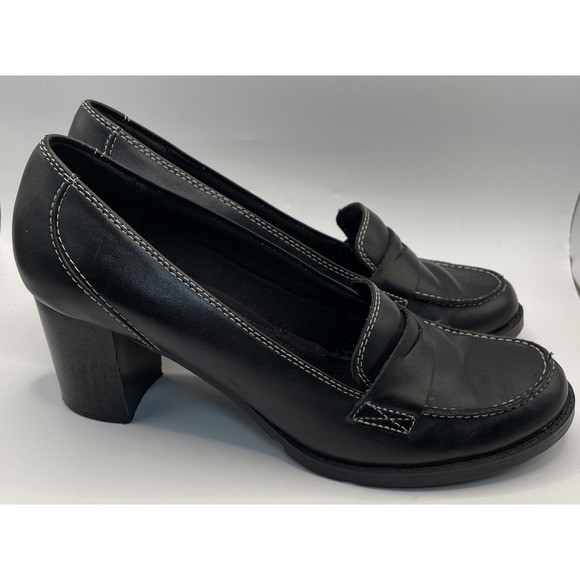 Bass Shoes - Bass Plaza Y2K Black Leather Penny Loafer Block Heel Pumps Contrast Stitch 9.5 M
